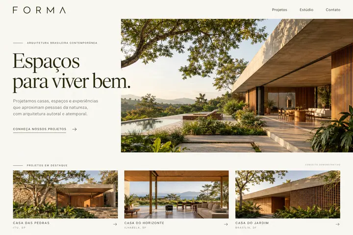Conceito de site Forma para arquitetura, com tons claros e fotografia de uma casa contemporânea