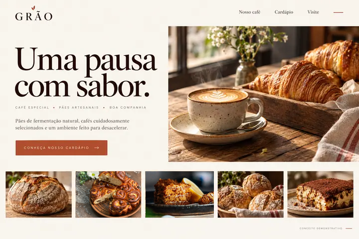 Conceito de site Grão para cafeteria, com identidade acolhedora, café e croissants