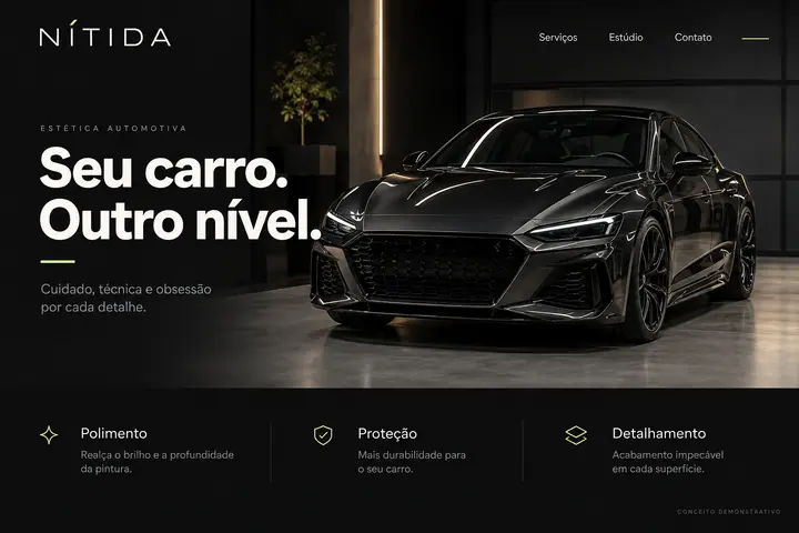 Conceito de site Nítida para estética automotiva, com fundo escuro e fotografia de um carro